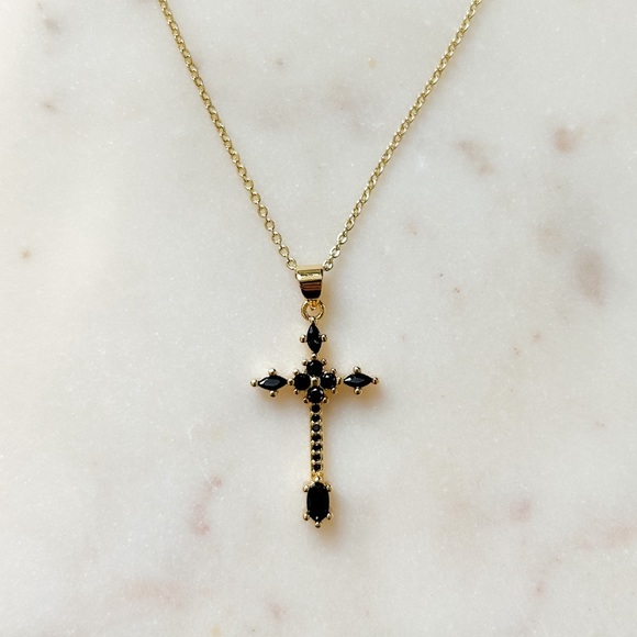 Black CZ Cross Necklace | 14k Gold Filled - Picture 6 of 9